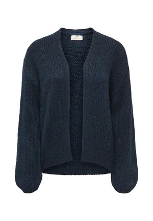 Cardigan en maille épaisse bleu foncé à ouverture frontale, manches longues et ourlet légèrement incurvé, affiché sur fond blanc.