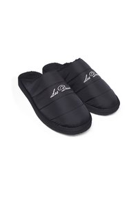 Black padded slip-on slippers with soft fur lining, rubber sole, and embroidered brand name on the upper. Lightweight and casual design.