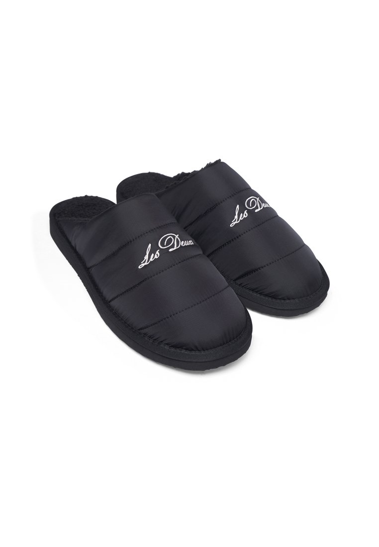 Black padded slip-on slippers with soft fur lining, rubber sole, and embroidered brand name on the upper. Lightweight and casual design.
