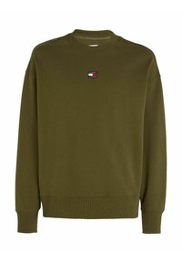 Sudadera verde oliva con cuello redondo, puños y bajo de canalé, que presenta un pequeño logo bordado en el pecho. Textura suave.