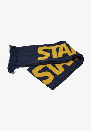 Foulard blu navy con lettering a maglia giallo "STA" e "S" con estremità frangiate, realizzato in tessuto testurizzato, che mostra un forte contrasto di colore.