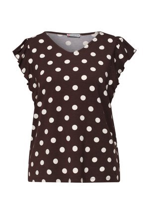 Braune Bluse mit kurzen Ärmeln und weißen Punkten sowie Rüschenärmeln, mit V-Ausschnitt und einem "Street One"-Etikett im Kragen.
