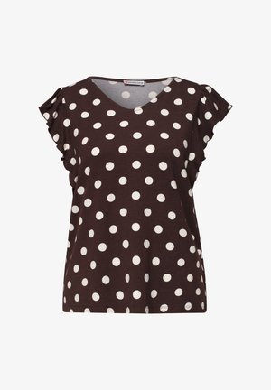 Braune Bluse mit kurzen Ärmeln und weißen Punkten sowie Rüschenärmeln, mit V-Ausschnitt und einem "Street One"-Etikett im Kragen.