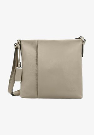 Gray leather crossbody bag featuring a smooth texture, minimalist design, adjustable strap, and subtle embossed branding.