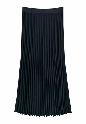 Pleated skirt in dark navy fabric, featuring a smooth waistband and vertical pleats for texture and movement, with a flowy silhouette.