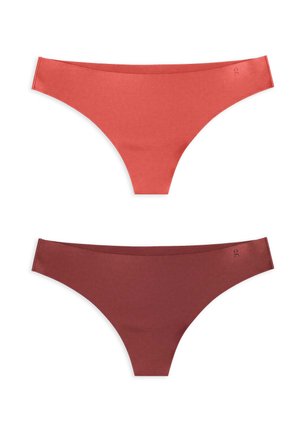 Dos braguitas de bikini sin costuras para mujer en rojo coral y burdeos oscuro, mostradas planas sin patrones ni adornos.