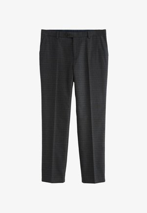 Dark gray formal trousers with a subtle checked pattern, straight cut, belt loops, and single-button closure. Made from a smooth fabric.