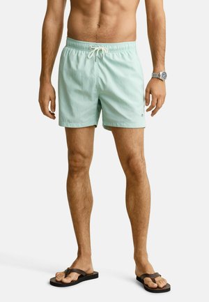 Oberkörperfreier Mann trägt hellgrüne Badeshorts mit Kordelzug, Armbanduhr und braune Flip-Flops, steht vor einem schlichten weißen Hintergrund.