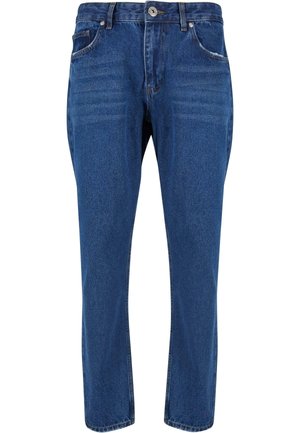 Denim jeans in dark blue with a straight-leg fit, featuring a front button, zip fly, and five-pocket design. Smooth texture with slight fading.