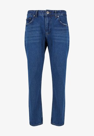Denim jeans in dark blue with a straight-leg fit, featuring a front button, zip fly, and five-pocket design. Smooth texture with slight fading.