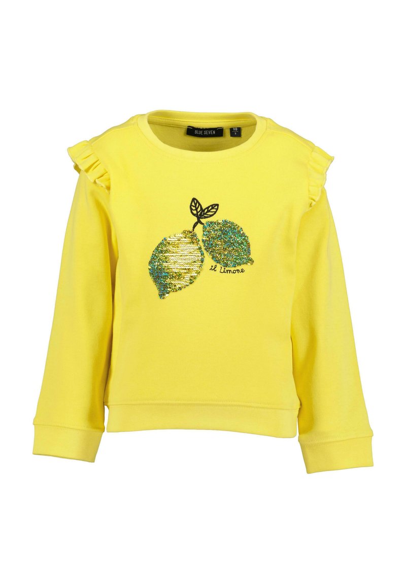 Żółta bluza z ruffled akcentami na ramionach, z brokatowym graficznym wzorem cytryny i napisem "il Limone". Mieszanka bawełny o miękkiej teksturze.