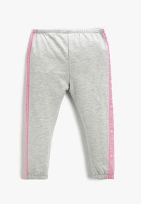 Graue Leggings aus weichem Stoff mit einem elastischen Bund. Mit rosa Seitenstreifen, auf denen das Wort "AWESOME" gedruckt ist.