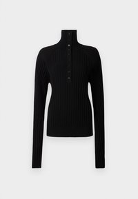 Maglione a collo alto a coste nere con maniche lunghe, caratterizzato da una patta con bottoni e un orlo aderente. Realizzato in materiale morbido ed elasticizzato.