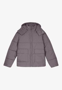 Chaqueta tipo plumón en tejido gris claro, con cierre frontal de cremallera, capucha, dos grandes bolsillos frontales y diseño acolchado para mayor textura.