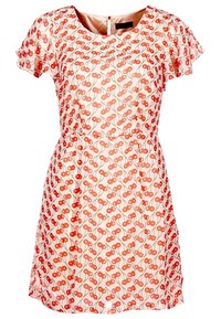 Lyhyet hihat omaava mekko vaalean persikan värissä, jossa on kirsikkakuosi. Mekossa on istuva vyötärö ja avainreikäselkäyksitys. Sujuva, kevyt kangas.