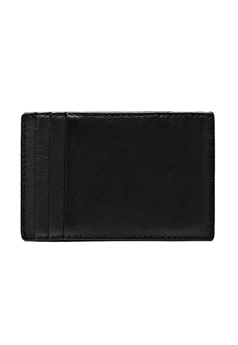 Zwarte leren kaarthouder met vier kaartvakken aan de linkerkant, glad oppervlak en een strak, minimalistisch ontwerp zonder extra versieringen.