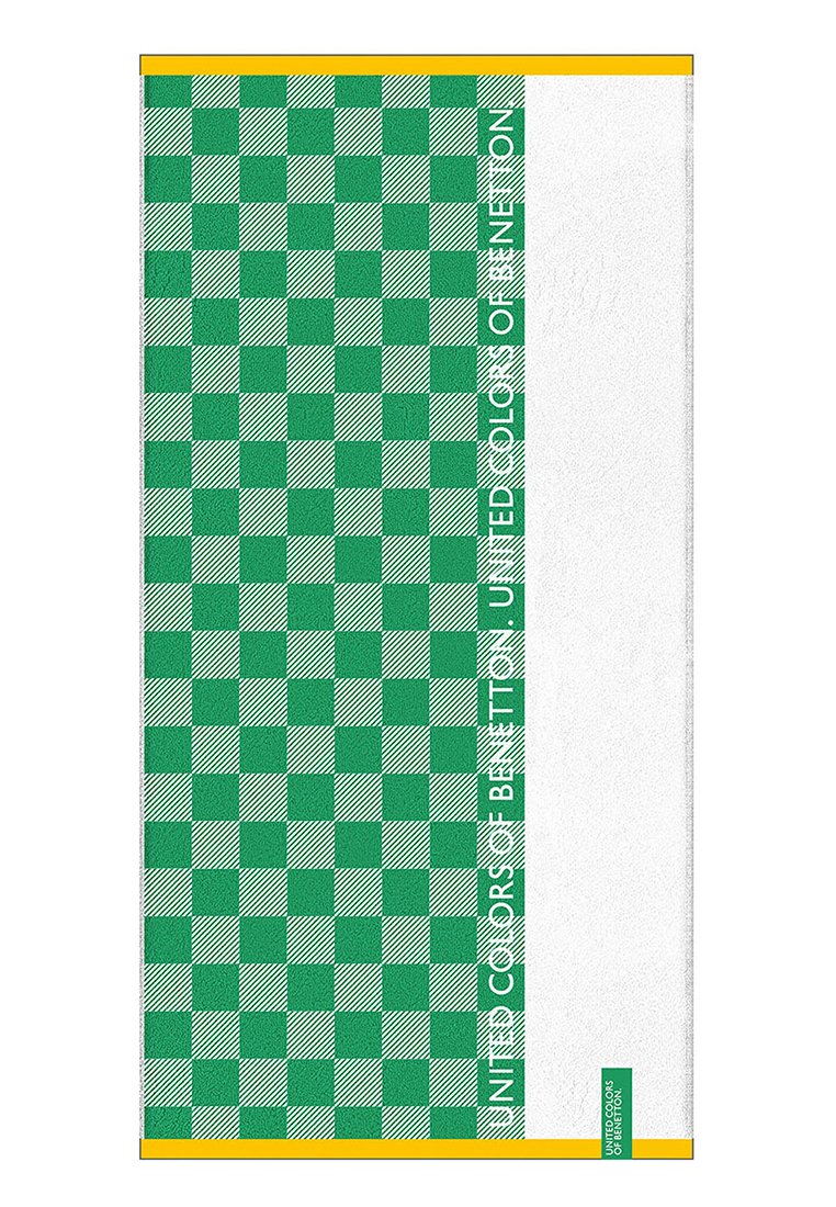 Serviette à motif à carreaux vert et blanc avec le texte "United Colors of Benetton" sur le côté et des bordures jaunes en haut et en bas.