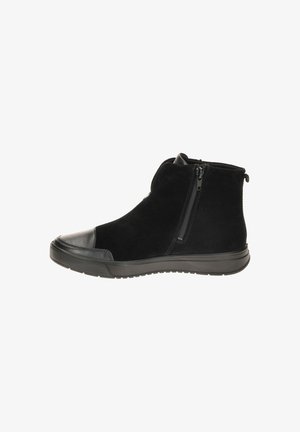 Black suede ankle boot with a synthetic toe cap and side zipper, featuring a textured upper and a rubber sole for traction.