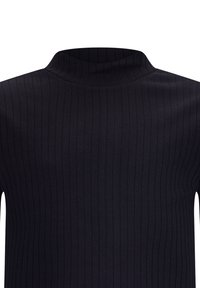 Schwarzes, geripptes Rollkragenoberteil mit einer figurbetonten Passform. Verfügt über einen hohen Kragen und vertikale Streifen, hergestellt aus einem weichen, dehnbaren Material.