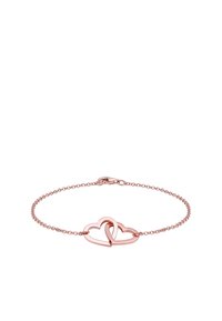 Bracelet en or rose présentant deux cœurs imbriqués dans un design métallique poli, avec une chaîne fine et un fermoir sécurisé.