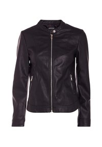 Veste en cuir noire avec col montant, fermeture éclair frontale et deux poches latérales ; présente une texture lisse et une coupe ajustée. Accents de garniture en argent.