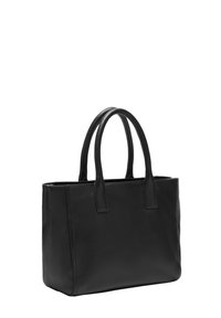 Schwarze Leder-Shopper-Tasche mit rechteckiger Form, doppelten robusten Griffen, glatter Textur und minimalistischem Design. Keine sichtbaren Beschläge oder Muster.