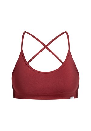 Burgundská sportovní podprsenka s hladkým materiálem, kulatým výstřihem a křížovými ramínky na zádech. Bez vycpávek a kostice, bezšvový design.