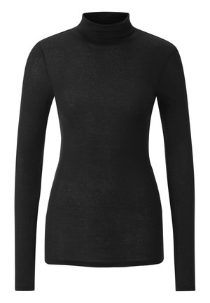 Maglietta nera a maniche lunghe con colletto a dolcevita, realizzata in un tessuto leggero e testurizzato, con un design aderente e una leggera elasticità, priva di decorazioni visibili.