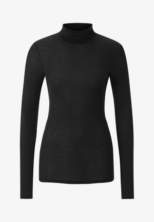 Black long-sleeve turtleneck shirt made from a lightweight, textured fabric with a fitted design and subtle stretch, featuring no visible embellishments.