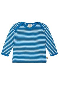 Camicia a maniche lunghe a righe blu e bianche con texture a coste e scollatura rotonda. Include un piccolo etichetta all'orlo.