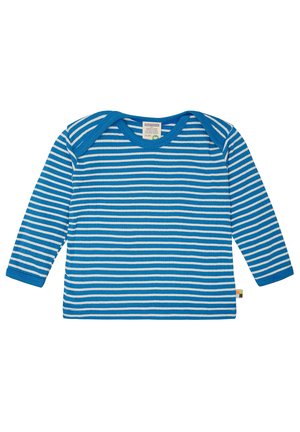 Gestreiftes Langarmshirt in Blau und Weiß mit Rippstruktur und Rundhalsausschnitt. Enthält ein kleines Etikett am Saum.