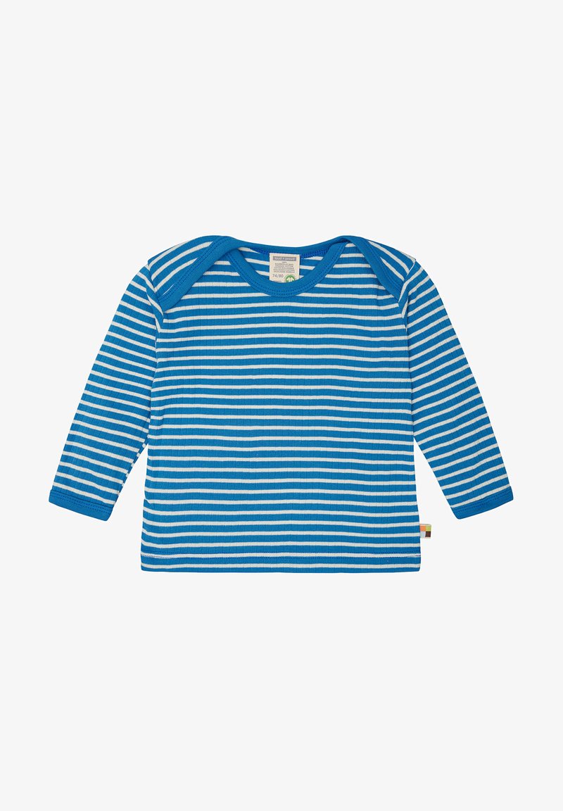 Gestreiftes Langarmshirt in Blau und Weiß mit Rippstruktur und Rundhalsausschnitt. Enthält ein kleines Etikett am Saum.