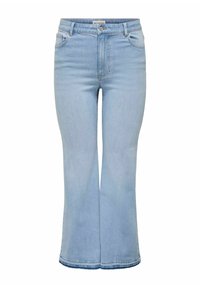 Lichtblauwe flared jeans van denimstof met een medium taille, vijf zakken en subtiele stiksels langs de naden.
