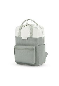 Zaino grigio e bianco con un design strutturato, dotato di manici superiori, tasca frontale con zip e spallacci regolabili. Realizzato in tessuto resistente.