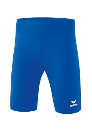 Pantaloni sportivi blu realizzati in materiale elasticizzato, con vita piatta, texture liscia e un piccolo logo bianco sulla coscia sinistra.