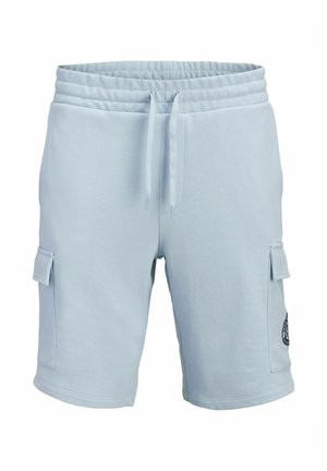 Hellblaue Cargo-Shorts mit elastischem Bund, Kordelzug, seitlichen Klappentaschen und einem kleinen schwarzen runden Logo auf der rechten Tasche.