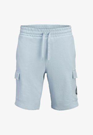 Lys blå cargoshorts med elastisk talje, snøre, sidelommer med klap og et lille rundt sort logo på højre lomme.