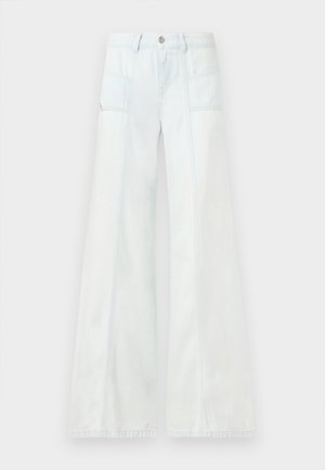 Light blue wide-leg denim pants with front patch pockets and belt loops, displayed against a plain background.