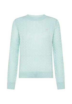 Maglioncino azzurro chiaro a maglia con scollo rotondo e maniche lunghe. Presenta un sottile logo sul petto e polsini a coste.