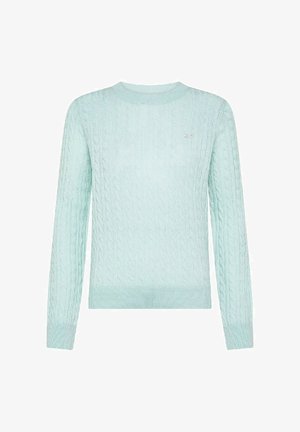 Maglioncino azzurro chiaro a maglia con scollo rotondo e maniche lunghe. Presenta un sottile logo sul petto e polsini a coste.