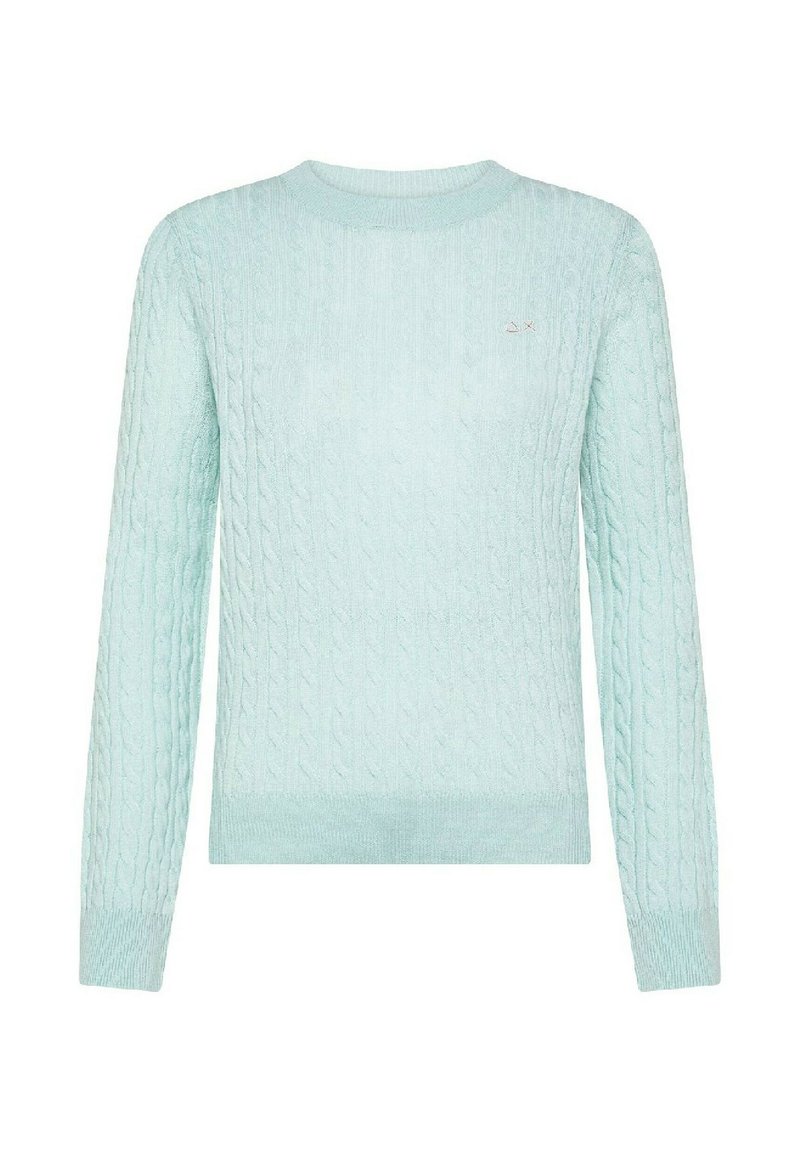 Maglioncino azzurro chiaro a maglia con scollo rotondo e maniche lunghe. Presenta un sottile logo sul petto e polsini a coste.