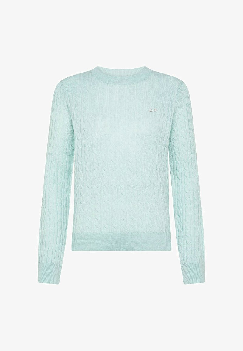 Maglioncino azzurro chiaro a maglia con scollo rotondo e maniche lunghe. Presenta un sottile logo sul petto e polsini a coste.