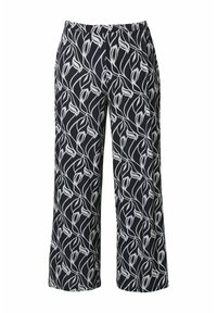 Zwarte broek met een wit bloemmotief, losse pasvorm, elastische tailleband en rechte pijpen, gemaakt van lichtgewicht stof geschikt voor casual wear.