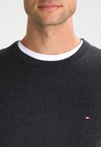 Dark gray knit sweater with a round neckline, featuring a white inner collar and a small red, white, and blue logo on the chest.