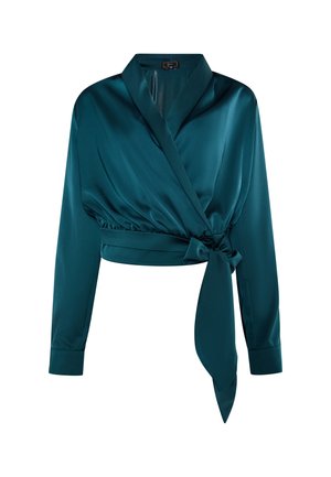 Teal satijnen wikkelblouse met lange mouwen, een diepe V-halslijn en een strikdetail in de taille. Gladde textuur en gestructureerde pasvorm.