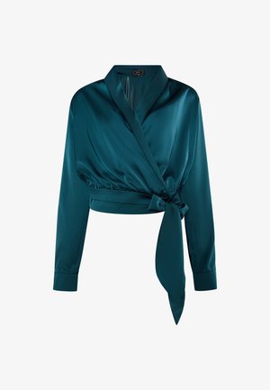 Teal selyem wrap blúz hosszú ujjakkal, mély V-nyakkivágással és megkötős derékrésszel. Sima textúrájú és strukturált szabású.