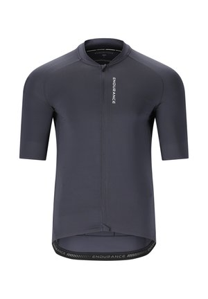 Kurze Ärmel Radtrikot in Dunkelgrau, mit durchgehendem Reißverschluss, hohem Kragen und strukturiertem Finish; "ENDURANCE"-Logo am vorderen Saum.