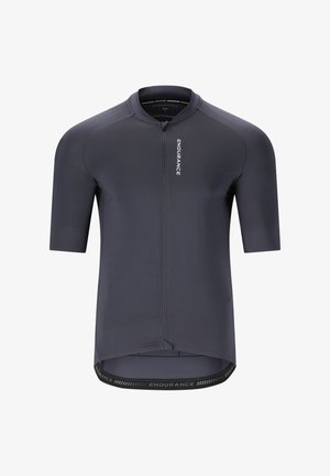 Fietsshirt met korte mouwen in donkergrijs, met een volledige rits aan de voorkant, een hoge kraag en een gestructureerde afwerking; "ENDURANCE" logo op de onderste zoom aan de voorkant.