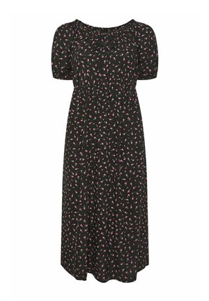 Schwarzes Midikleid mit rosa Blumenmuster, Puffärmeln, gerafftem Ausschnitt und elastischem Taillendetail.