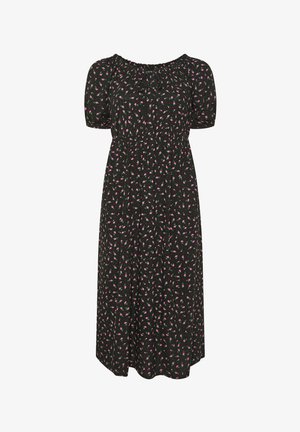 Schwarzes Midikleid mit rosa Blumenmuster, Puffärmeln, gerafftem Ausschnitt und elastischem Taillendetail.